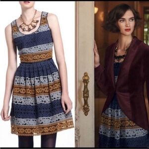 Anthropologie Maeve Striated Striped Crochet Fit and Flare Dress in Blue Gold